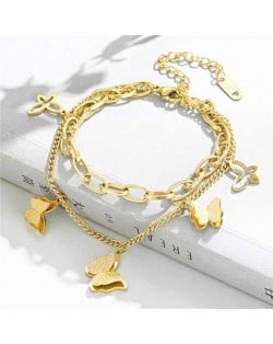 Punk Style Sweet Butterfly Pendant Dual Layers Chain Wholesale Stainless Steel Bracelet - Golden