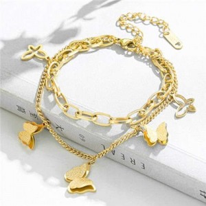 Punk Style Sweet Butterfly Pendant Dual Layers Chain Wholesale Stainless Steel Bracelet - Golden