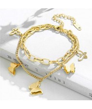 Punk Style Sweet Butterfly Pendant Dual Layers Chain Wholesale Stainless Steel Bracelet - Golden