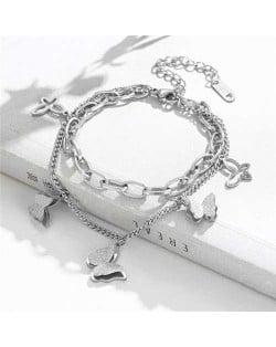 Punk Style Sweet Butterfly Pendant Dual Layers Chain Wholesale Stainless Steel Bracelet - Silver