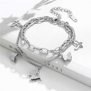 Punk Style Sweet Butterfly Pendant Dual Layers Chain Wholesale Stainless Steel Bracelet - Silver