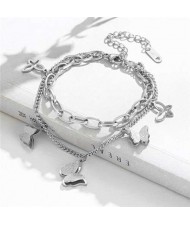 Punk Style Sweet Butterfly Pendant Dual Layers Chain Wholesale Stainless Steel Bracelet - Silver