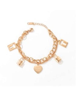 Baroque Fashion Multi-layer Lock and Heart Combo Love Theme Wholesale Stainless Steel Bracelet - Rose Gold