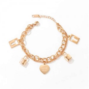 Baroque Fashion Multi-layer Lock and Heart Combo Love Theme Wholesale Stainless Steel Bracelet - Rose Gold