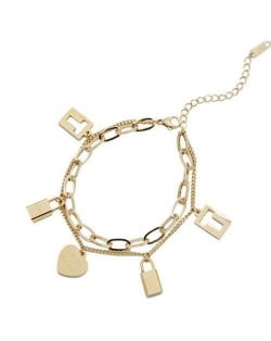 Baroque Fashion Multi-layer Lock and Heart Combo Love Theme Wholesale Stainless Steel Bracelet - Golden