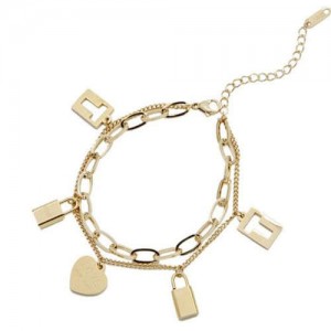 Baroque Fashion Multi-layer Lock and Heart Combo Love Theme Wholesale Stainless Steel Bracelet - Golden