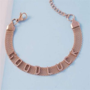Goodluck Alphabets Design Wholesale Stainless Steel Jewelry Flat Shape Bracelet - Rose Gold
