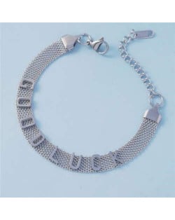 Goodluck Alphabets Design Wholesale Stainless Steel Jewelry Flat Shape Bracelet - Silver