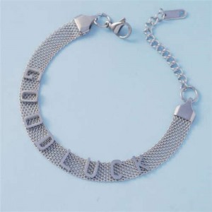 Goodluck Alphabets Design Wholesale Stainless Steel Jewelry Flat Shape Bracelet - Silver