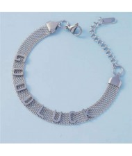 Goodluck Alphabets Design Wholesale Stainless Steel Jewelry Flat Shape Bracelet - Silver