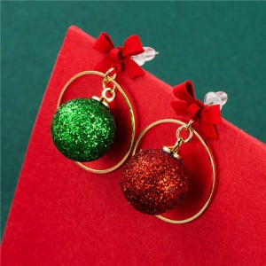 Wholesale Christmas Jewelry Round Contrast Color Fluffy Ball Bow-Knot Decorated Women Fashion Earrings