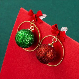 Wholesale Christmas Jewelry Round Contrast Color Fluffy Ball Bow-Knot Decorated Women Fashion Earrings