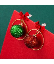 Wholesale Christmas Jewelry Round Contrast Color Fluffy Ball Bow-Knot Decorated Women Fashion Earrings