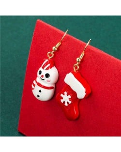 Cute Snowman with Christmas Socks Asymmetric Design Wholesale Alloy Fashion Earrings