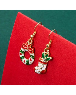 Flower Hoop and Christmas Socks Fashion Women Asymmetric Fish Hooks Costume Earrings