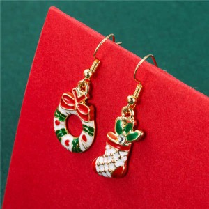 Flower Hoop and Christmas Socks Fashion Women Asymmetric Fish Hooks Costume Earrings