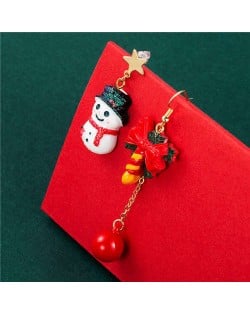Snowman with Bow-knot Small Ball Combo Pendant Design Asymmetric Wholesale Christmas Earrings