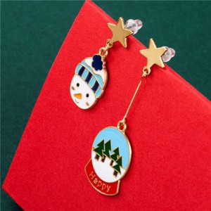Wholesale Christmas Jewelry Round Snowman and Trees Star Embellished Fashion Women Asymmetric Earrings