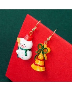 Christmas Elements Design Oil-Spot Glazed Snowman with Yellow Bell Asymmetric Wholesale Earrings