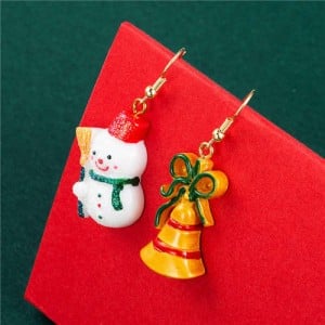 Christmas Elements Design Oil-Spot Glazed Snowman with Yellow Bell Asymmetric Wholesale Earrings