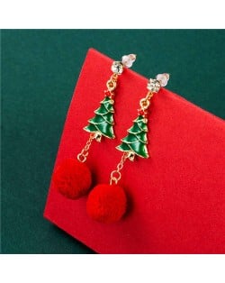 Christmas Trees with Red Fluffy Ball Pendant Design Street High Fashion Women Ear Studs