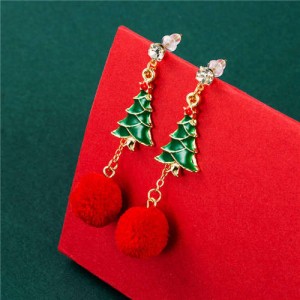 Christmas Trees with Red Fluffy Ball Pendant Design Street High Fashion Women Ear Studs