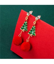 Christmas Trees with Red Fluffy Ball Pendant Design Street High Fashion Women Ear Studs
