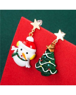 Carrot Nose Snowman and Christmas Tree Unique Design High Fashion Asymmetric Women Earrings