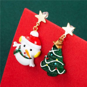 Carrot Nose Snowman and Christmas Tree Unique Design High Fashion Asymmetric Women Earrings