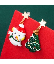 Carrot Nose Snowman and Christmas Tree Unique Design High Fashion Asymmetric Women Earrings
