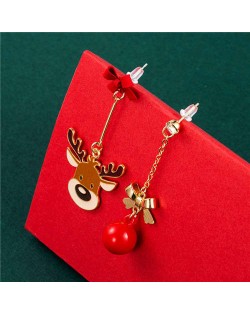 Cute Deer and Bow-knot Embellished Bell Pendant Minimalist Design Christmas Jewelry Wholesale Dangle Earrings