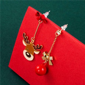 Cute Deer and Bow-knot Embellished Bell Pendant Minimalist Design Christmas Jewelry Wholesale Dangle Earrings