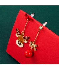 Cute Deer and Bow-knot Embellished Bell Pendant Minimalist Design Christmas Jewelry Wholesale Dangle Earrings