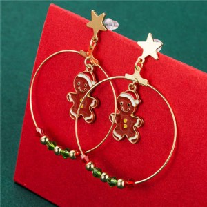 Round Colorful Beads Decorated Red Snowmen Pendant Christmas Jewelry Wholesale Women Big Hoop Earrings