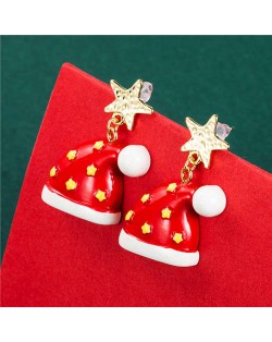 Wholesale Jewelry Golden Stars Embellished Red Christmas Hat Women Earrings