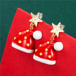 Wholesale Jewelry Golden Stars Embellished Red Christmas Hat Women Earrings