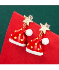 Wholesale Jewelry Golden Stars Embellished Red Christmas Hat Women Earrings