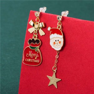 Cute White Beard Santa Claus and Christmas Bowknot Decorated Gift Package Women Wholesale Earrings