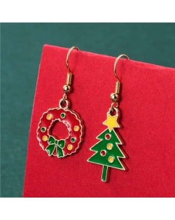 Floral Hoop and Christmas Tree Colorful Embellished Asymmetric Design Women Fish Hook Wholesale Earrings