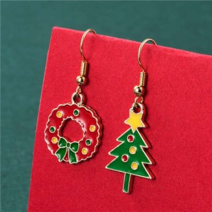 Floral Hoop and Christmas Tree Colorful Embellished Asymmetric Design Women Fish Hook Wholesale Earrings