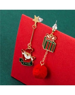 Christmas Gift Box with Red Fluffy Ball Pendant and Santa Claus Asymmetric Design Women Wholesale Earrings 