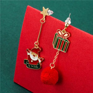 Christmas Gift Box with Red Fluffy Ball Pendant and Santa Claus Asymmetric Design Women Wholesale Earrings 