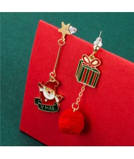 Christmas Gift Box with Red Fluffy Ball Pendant and Santa Claus Asymmetric Design Women Wholesale Earrings 
