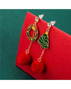 Floral Hoop and Christmas Tree with Fluffy Ball Pendant Christmas Jewelry Wholesale Dangle Earrings