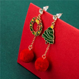 Floral Hoop and Christmas Tree with Fluffy Ball Pendant Christmas Jewelry Wholesale Dangle Earrings