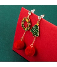 Floral Hoop and Christmas Tree with Fluffy Ball Pendant Christmas Jewelry Wholesale Dangle Earrings