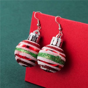 Creative Colorful Stripes Round Ball Minimalist Design Wholesale Christmas Jewelry Hook Earrings - Red