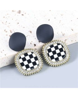 Square Round Combo Black and White Checkered Dangle Resin Vintage Fashion Women Wholesale Jewelry Statement Earrings