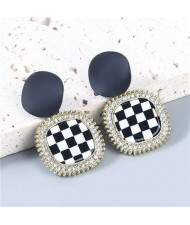 Square Round Combo Black and White Checkered Dangle Resin Vintage Fashion Women Wholesale Jewelry Statement Earrings