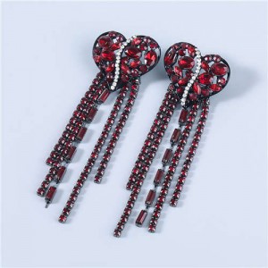 Heart Shape Wholesale Jewelry Colorful Rhinestone Inlaid Long Tassel Bohemian Style Women Fashion Earrings - Red